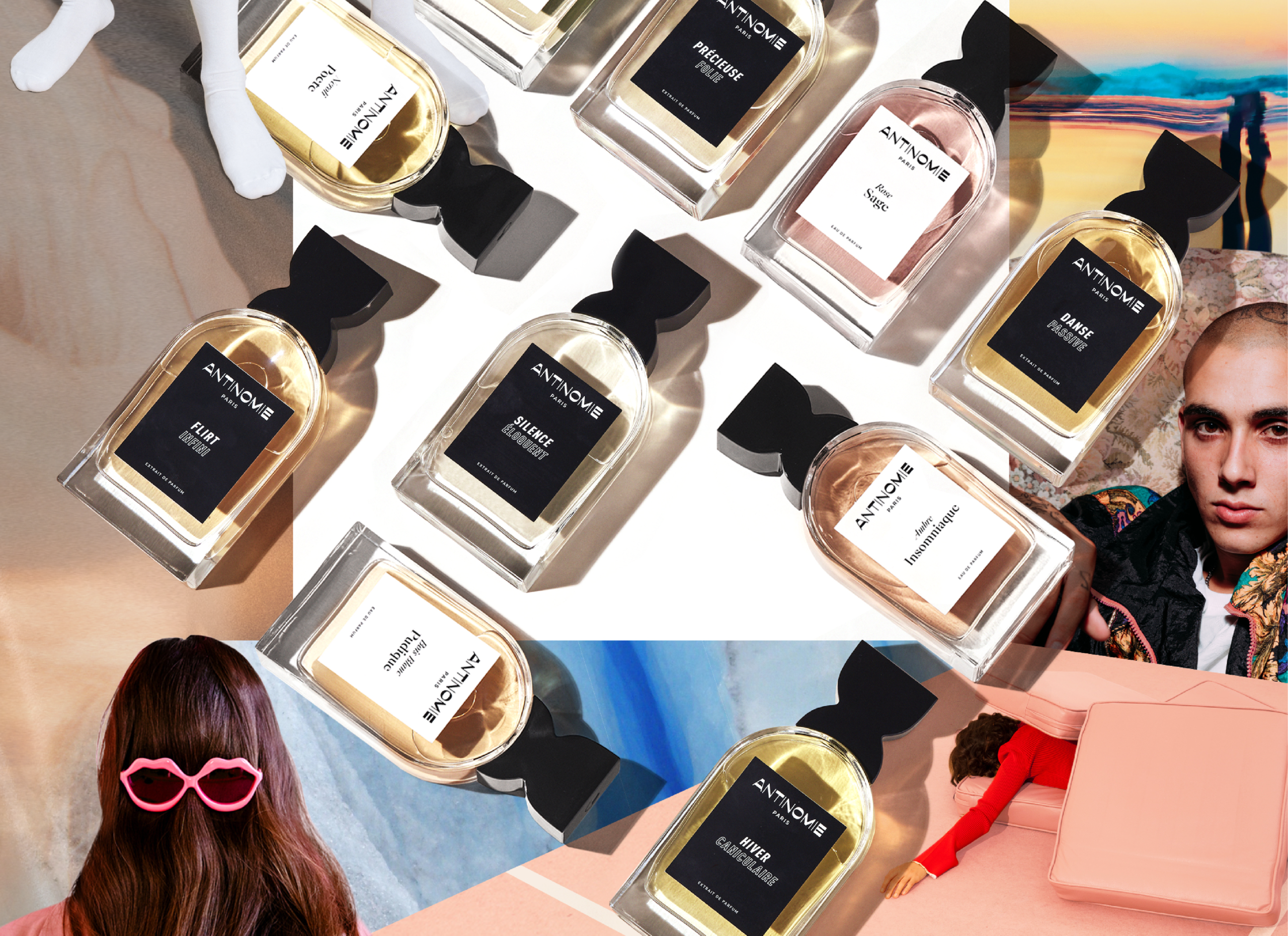 Collage de parfums 100ml Antinomie sur un fond graphique